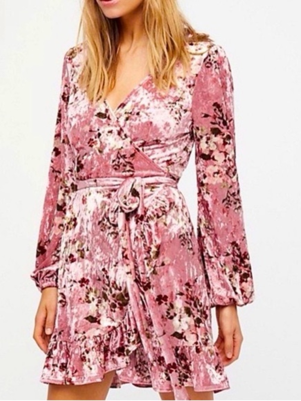 Free People Pink Floral crushed Velvet Wrap Dress